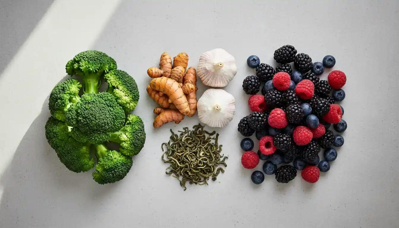 Anti-cancer superfoods broccoli turmeric garlic and blueberries with sulforaphane curcumin allicin labels