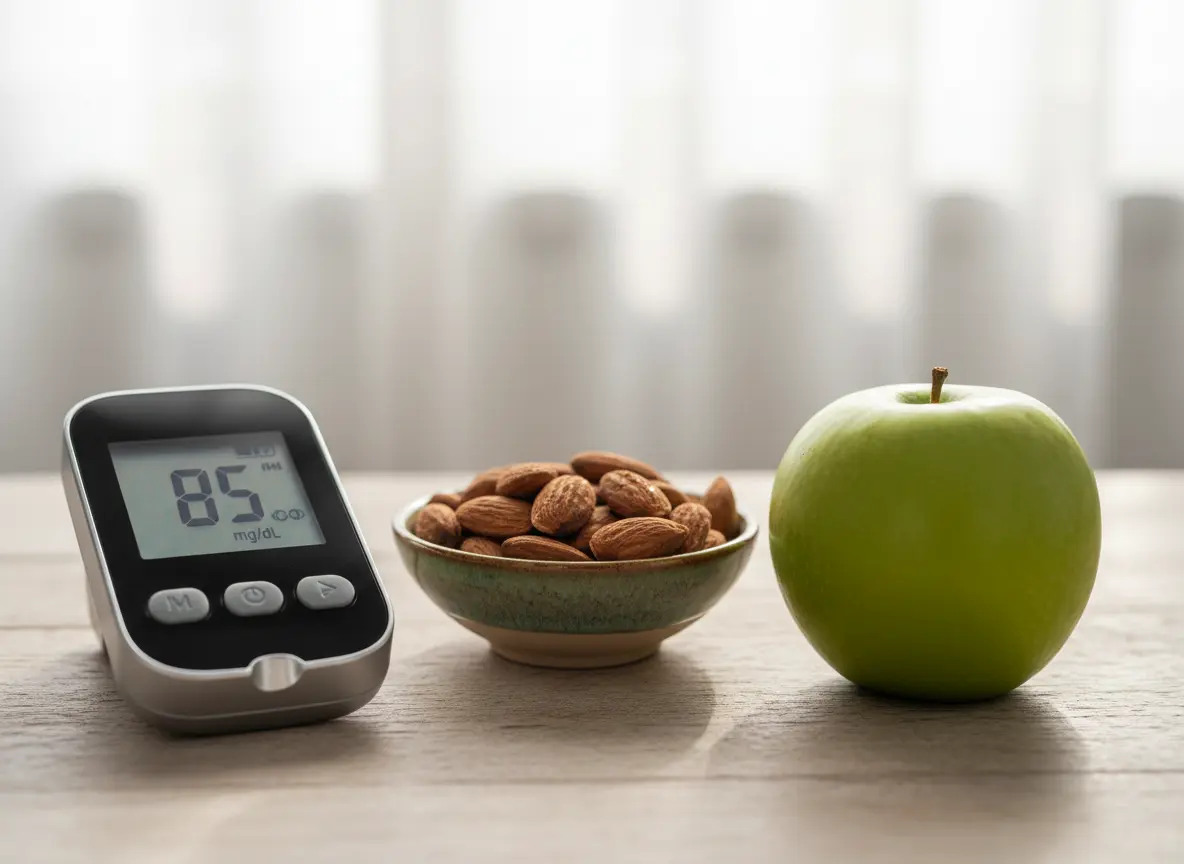 Blood glucose monitor next to a healthy diabetes-friendly Indian meal