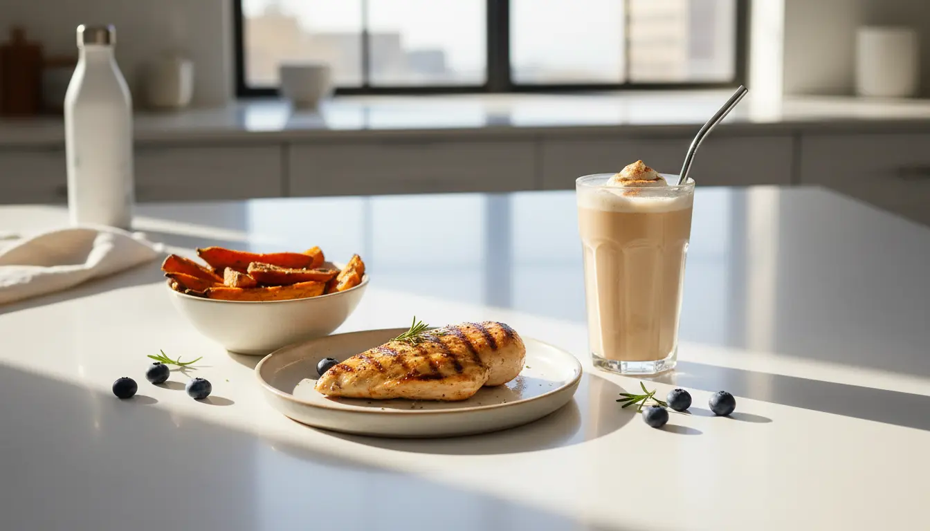 Grilled chicken with sweet potato wedges and protein shake for workout recovery
