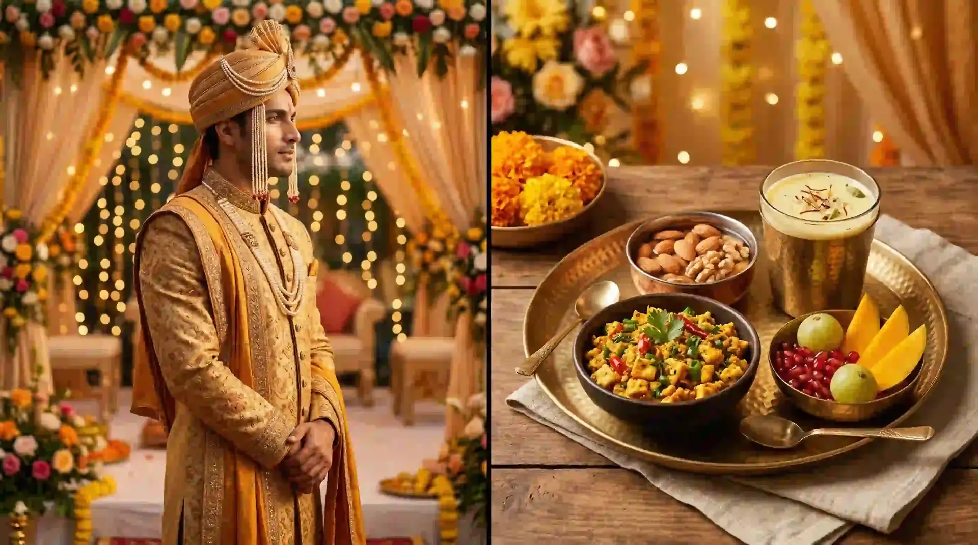 Indian groom in traditional sherwani with healthy wedding nutrition thali featuring paneer almonds and saffron milk