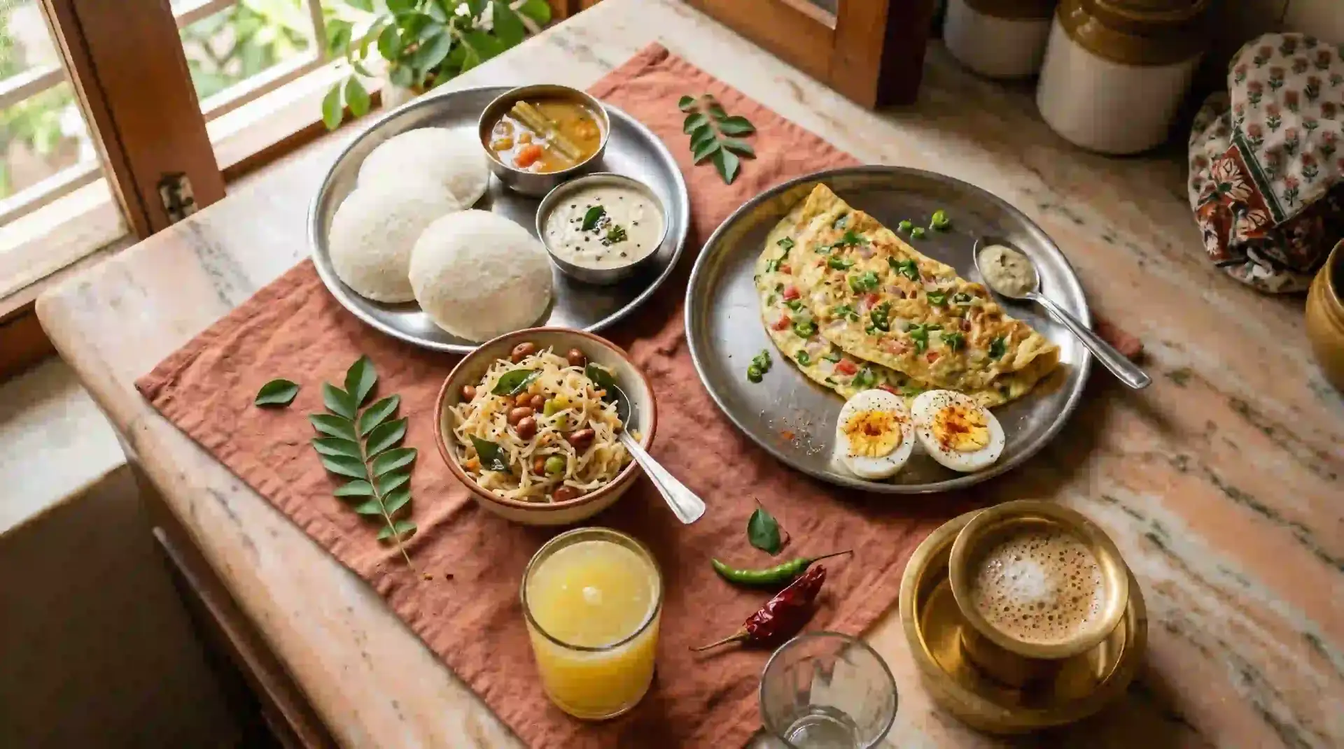 Traditional Indian breakfast spread with idli sambar moong dal chilla boiled eggs and filter coffee