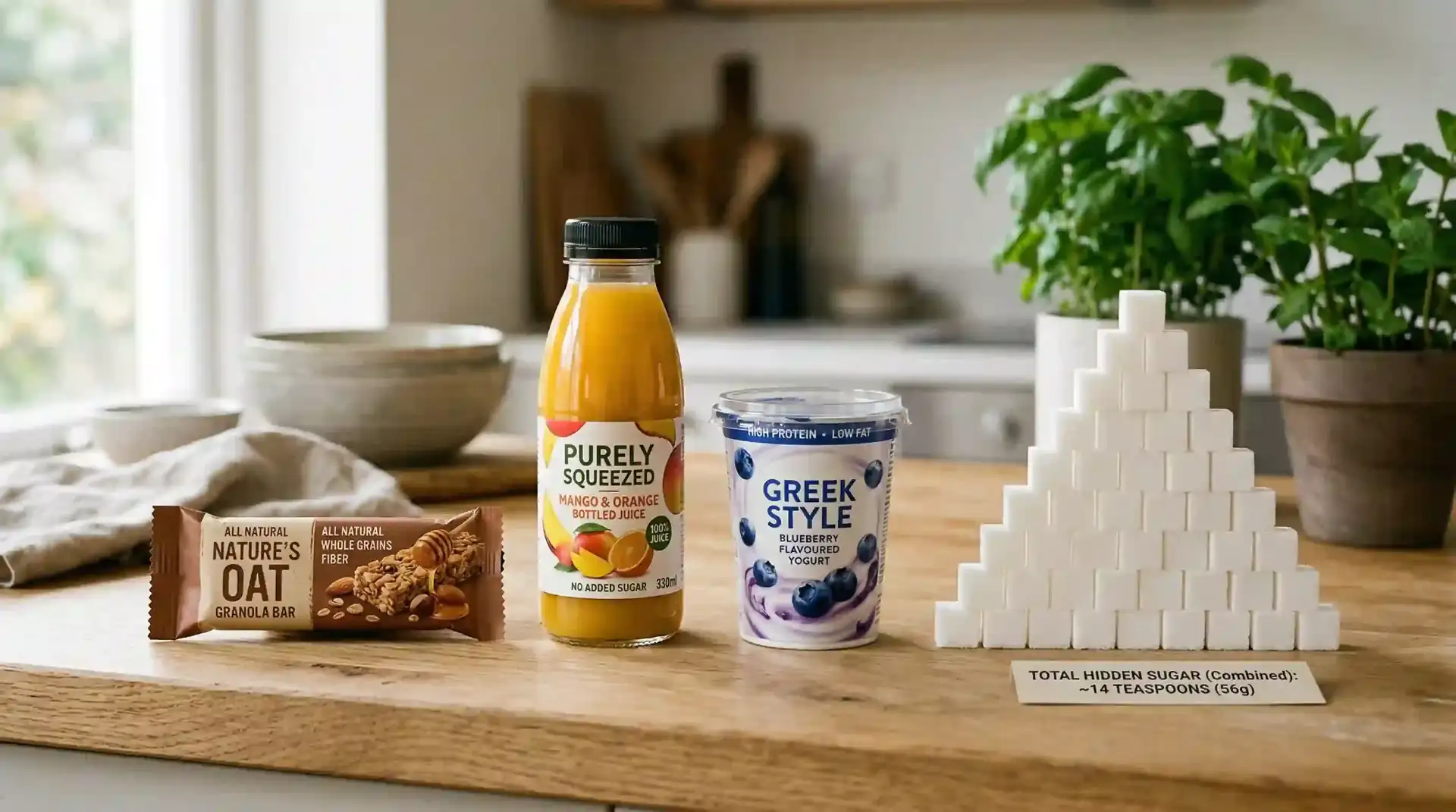 Granola bar bottled juice and flavored yogurt with pyramid of sugar cubes showing 14 teaspoons hidden sugar