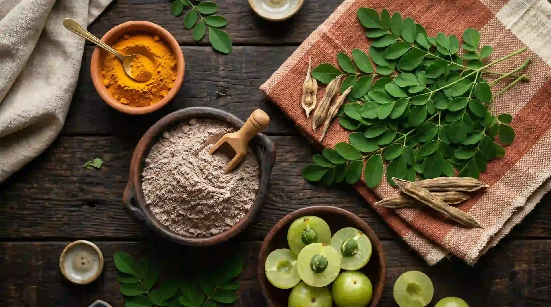 Indian superfoods flat lay with turmeric powder amla moringa leaves and sattu flour on dark wood