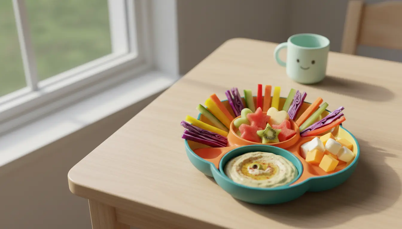 Colorful rainbow veggie platter with hummus dip on a fun kids plate