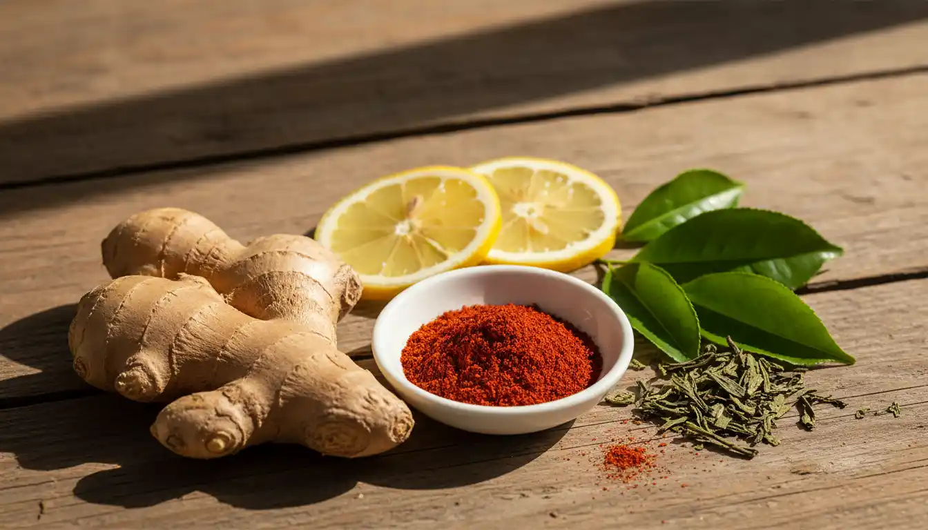 Metabolism boosting foods including green tea, chili peppers, ginger, and protein
