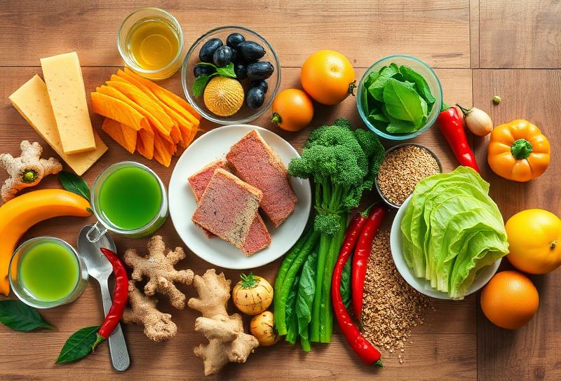 Heart-healthy foods including salmon, nuts, and vegetables