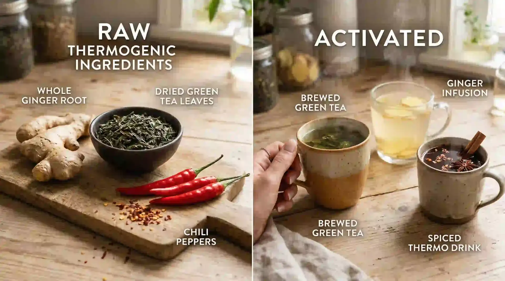 Thermogenic foods spread with chili peppers green tea ginger and spices for metabolism boost