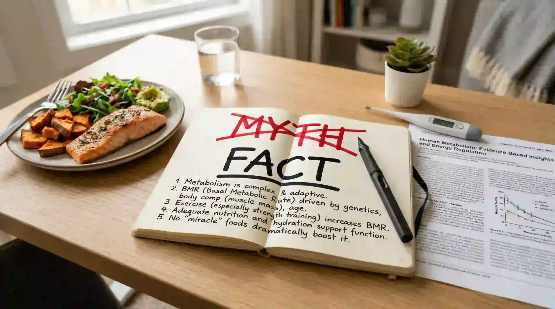 Open notebook with Myth crossed out and Fact written showing BMR metabolism research with salmon plate