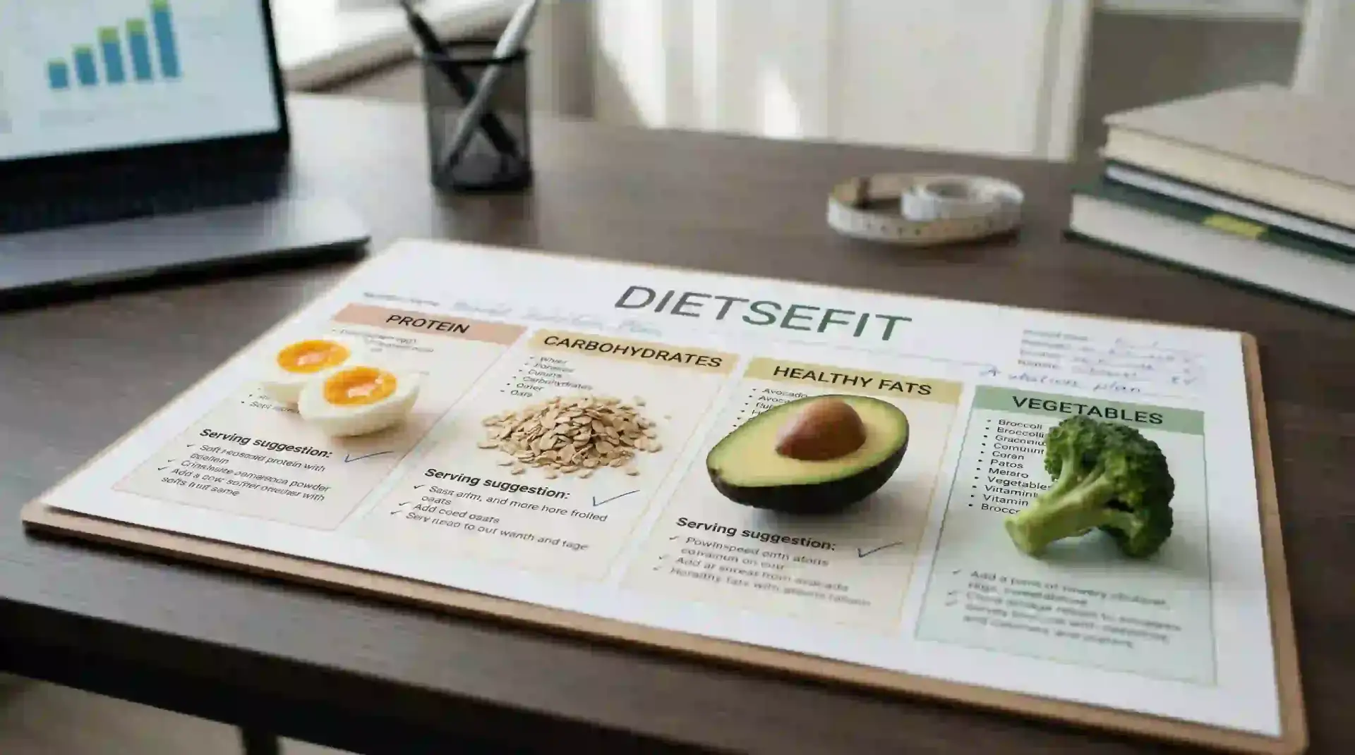 DietSeFit nutrition plan chart with protein carbohydrates healthy fats and vegetables food groups