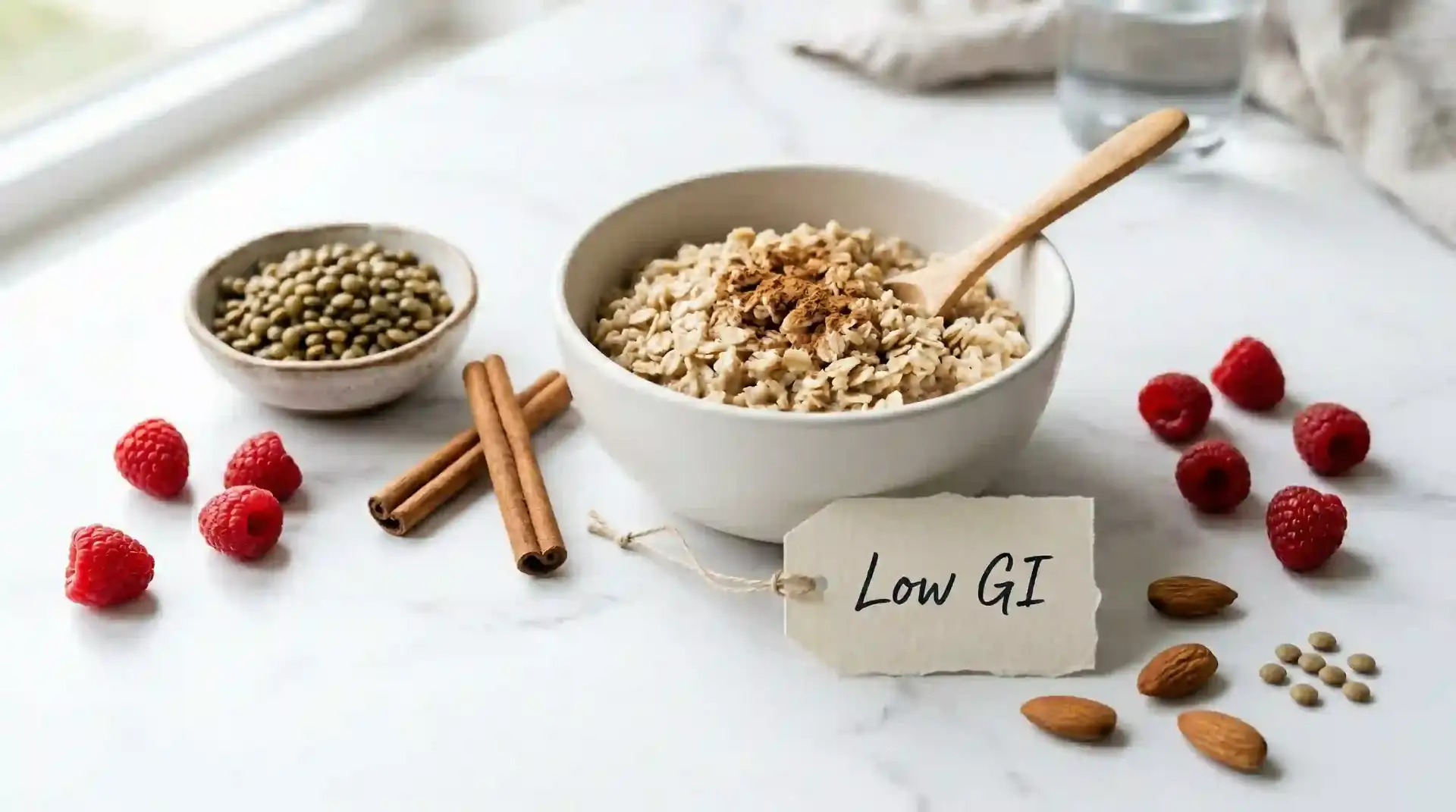 Low-GI oatmeal bowl with cinnamon raspberries lentils and almonds for insulin resistance