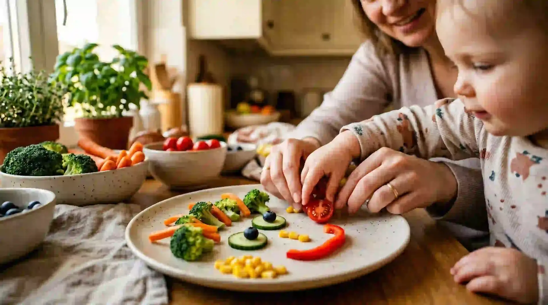Mother and toddler arranging colorful vegetable shapes on a plate for fun healthy eating