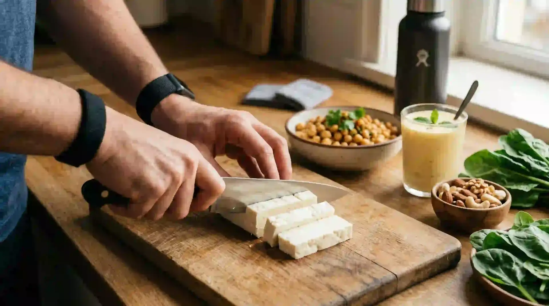 Athlete slicing tofu with chickpeas protein shake cashews and spinach for sports nutrition