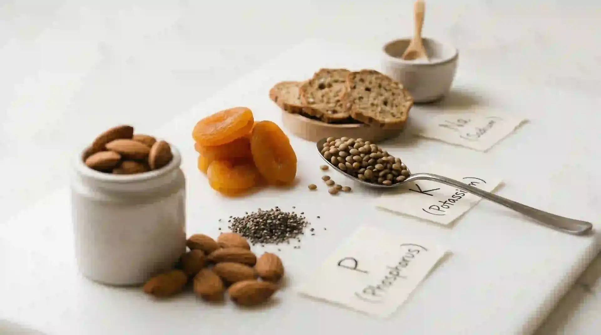 Phosphorus and potassium labeled foods including almonds lentils dried apricots and whole grain bread