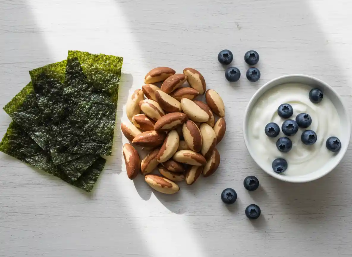 Thyroid-supporting foods including selenium-rich nuts eggs and leafy greens