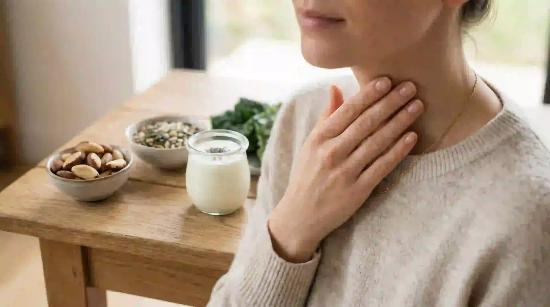 Woman touching thyroid area with selenium-rich Brazil nuts yogurt and seeds on table