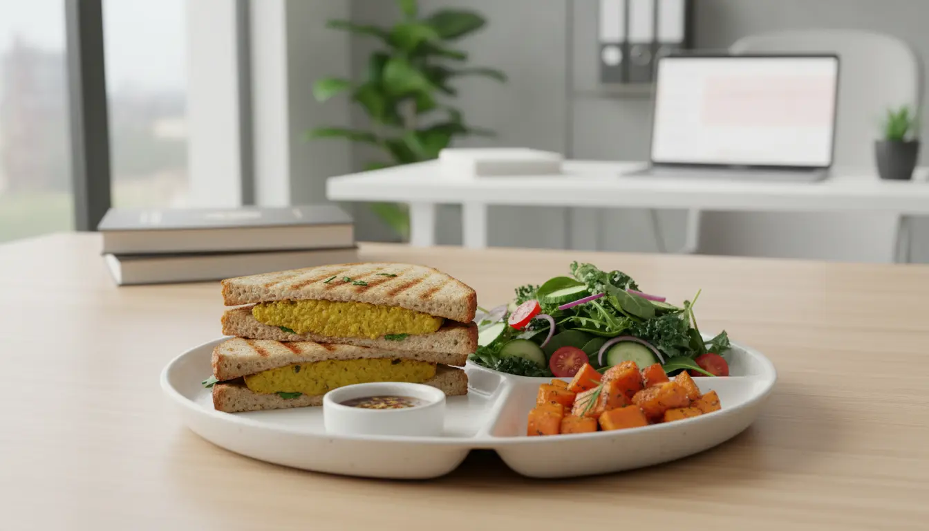 Balanced weight loss meal with grilled sandwich salad and roasted sweet potato