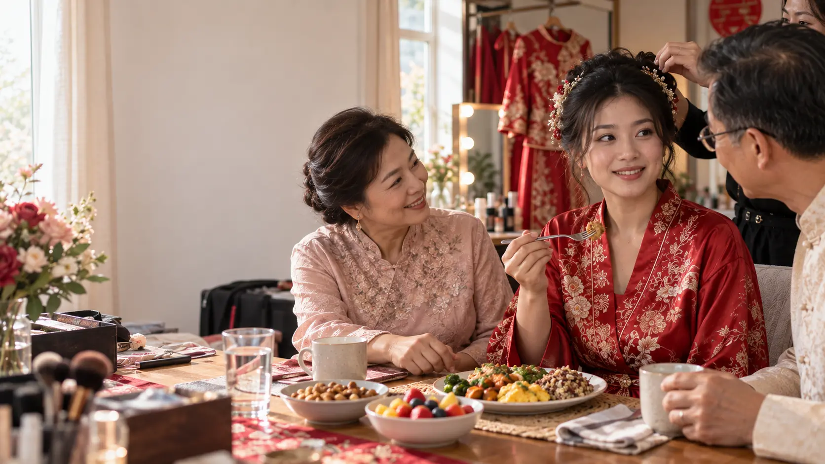 A bride eating with family while getting ready on her wedding morning