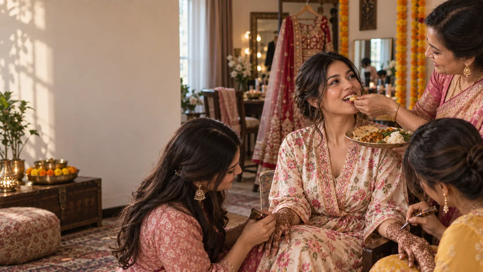 A bride sharing a meal with family while getting ready for a wedding