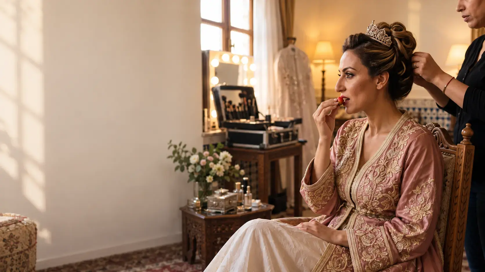 A bride eating fruit while getting ready on her wedding morning