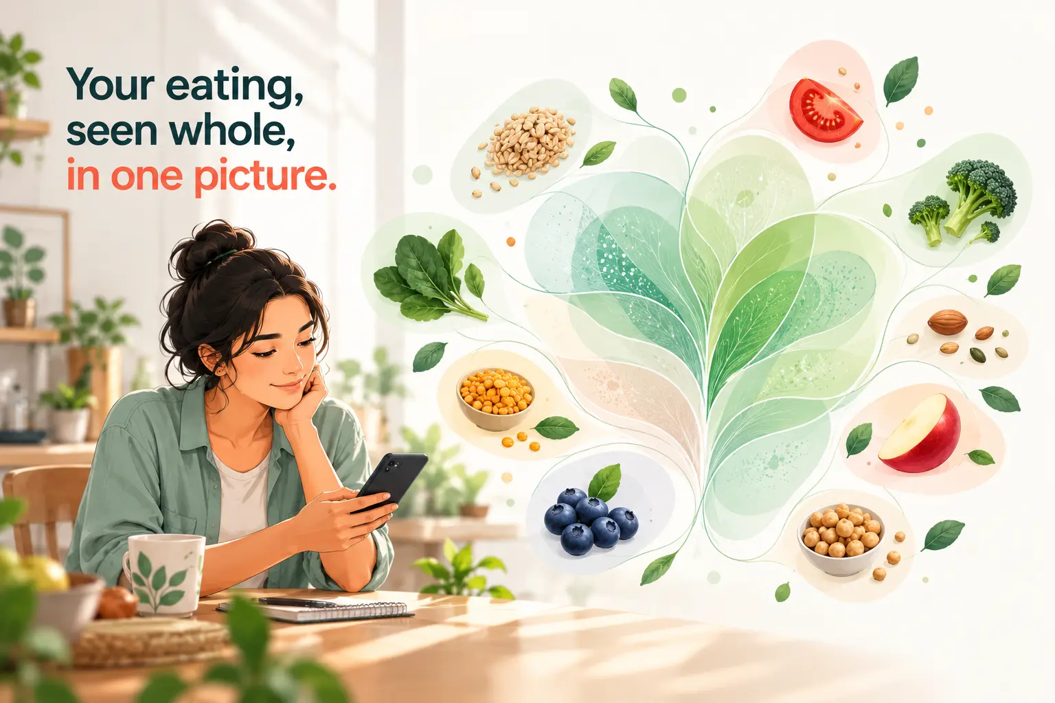 A woman reading her phone beside an illustration of foods forming one picture of her eating