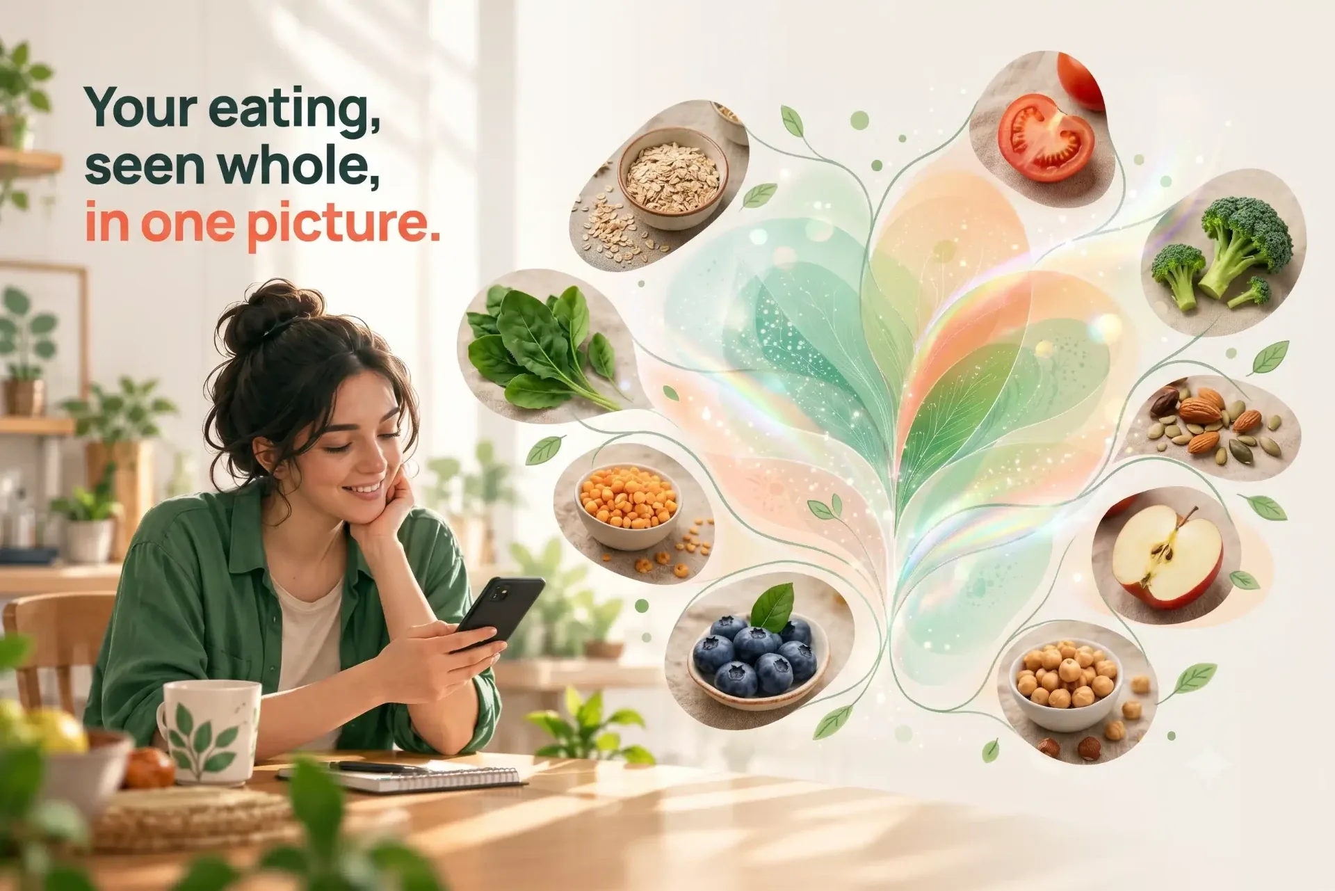 A woman at her table with a phone and laptop, whole foods fanning out around her, captioned your eating, seen whole, in one picture