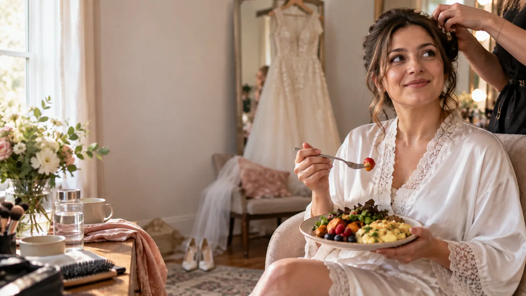 A bride eating breakfast while getting ready on her wedding morning